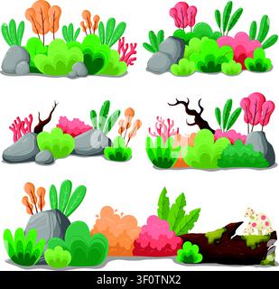 Vibrant underwater plants and rocks cluster together. Tinted coral and leafy seaweed add rich color. Gray stones anchor the scene with natural charm Stock Vector