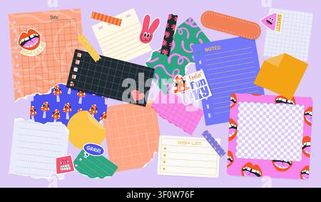 Set of Various Torn Paper Notes, Stickers, Tapes. Stock Vector