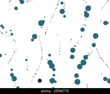 Playful scattered teal and navy circle bubbles combined with fine ink splatter drips on a white background — a modern bubble/dot texture. Stock Photo
