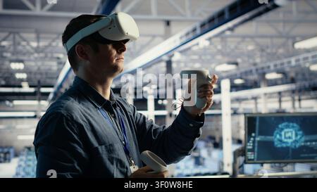IT specialist uses virtual reality in a data center to adjust AI configurations and improve processing speed. Stock Photo