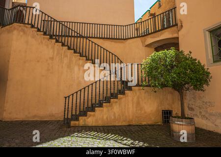 Medieval Stone Staircase Castle Courtyard with Black Metal Railings, Yellow Stucco Wall, and Potted Green Tree on Cobblestone Pavement, Germany Stock Photo
