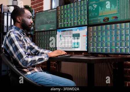 Brokerage employee trading assets at monitor workstation Investment company trader using forex exchange platform and real time statistics to predict market trend. Stock Photo