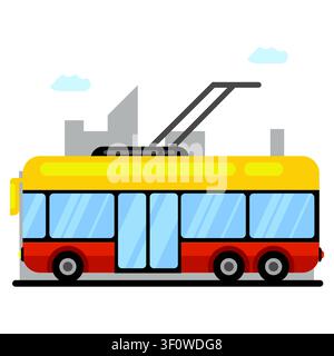 Flat vector illustration of a modern electric trolleybus operating in an urban environment, representing sustainable public transport, clean mobility, Stock Vector