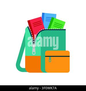 Open school bag with colorful books flat vector illustration icon representing education, back to school, learning, and student supplies concept. Stock Vector