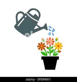 Watering flowers in a pot with a metal can, flat vector icon illustrating gardening, nature, plant care, and home hobby activities concept. Stock Vector