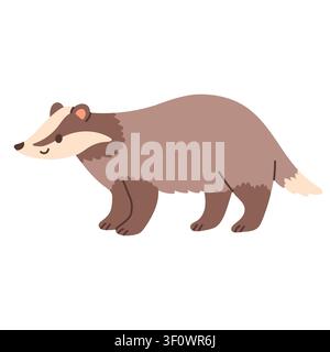 Cute badger walking side view vector illustration. Flat design striped head woodland animal icon isolated on white background. Great for forest Stock Vector