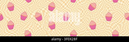 Pink cupcakes on yellow distorted checkerboard grid with wavy pattern for kawaii background Stock Vector