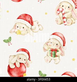 Watercolor seamless pattern with cute Christmas bunnies, Santa hats, gifts and ornaments. Hand painted holiday illustration for fabric, nursery decor, Stock Photo