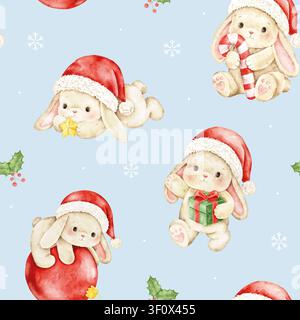 Watercolor seamless pattern with Christmas bunnies on a blue background. Hand painted holiday illustration for fabric, nursery decor, quilting, beddin Stock Photo