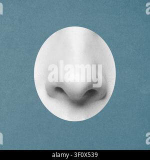 Abstract collage illustration of human nose appearing in a circular frame against a teal background, symbolizing the sense of smell. Grunge, noise and Stock Photo