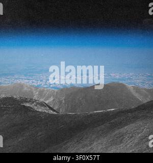 Collage illustration of grainy mountain range showing peaks and sky with clouds, Earth horizon and space. Elements of this image furnished by NASA. Gr Stock Photo