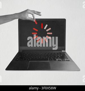 Abstract collage illustration of hand inserting a red segment into a laptop screen's loading circle, symbolizing slow progress. Grunge, noise and moti Stock Photo