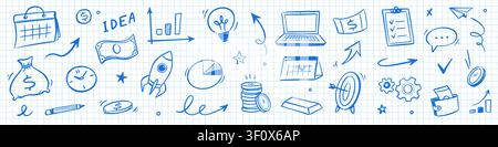Business calendar icon doodle set. Hand drawn business calendar icon with chalk arrow money graph finance. Marketing communication growth goal analytics rocket innovation target. Vector illustration Stock Vector