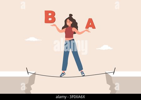 Plan B concept. Businesswoman with difficult choice and decision for plan A or plan B by finding path for growth and success. Vector illustration in Stock Vector
