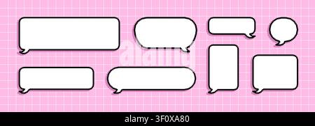 Vintage comic balloon set. Chat or conversation with digital pixel frame. White square note for hello message. Vector collection on pink checkered Stock Vector