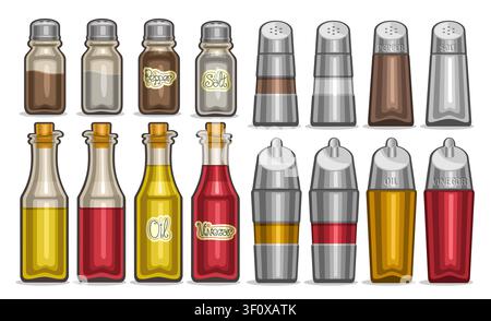 Vector Condiment Bottles Set, lot collection of variety classic salt and pepper shakers, chrome bottles with yellow oil and wine vinegar, illustration Stock Vector