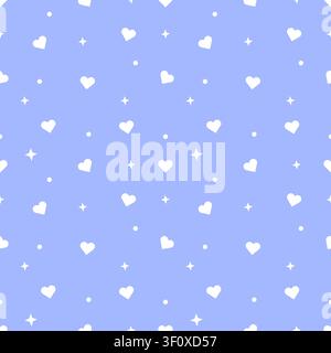 Cute seamless pattern of pastel periwinkle background with white hearts, stars, and dots. Minimalist repeating background in kawaii style for textiles Stock Vector
