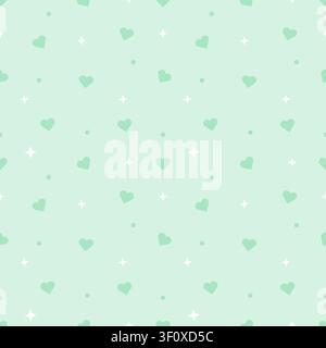 Cute seamless pattern of pastel mint green background with dark green hearts and white stars. Minimalist tone on tone repeating background for fabrics Stock Vector