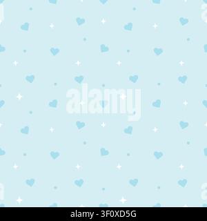 Cute seamless pattern of pastel light blue background with dark blue hearts and white stars. Minimalist tone on tone repeating background for fabrics Stock Vector