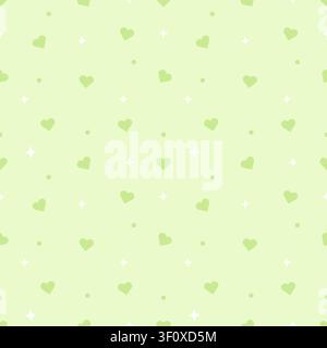 Cute seamless pattern of pastel lime green background with dark green hearts and white stars. Minimalist tone on tone repeating background for fabrics Stock Vector