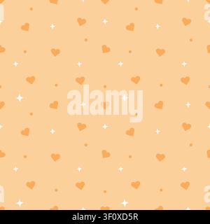 Cute seamless pattern of pastel orange background with dark orange hearts and white stars. Minimalist tone on tone repeating background for fabrics an Stock Vector