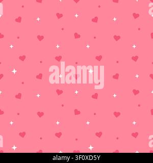 Cute seamless pattern of pastel red background with dark red hearts and white stars. Minimalist tone on tone repeating background for textiles, wraps, Stock Vector