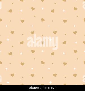 Cute seamless pattern of pastel brown background with dark brown hearts and white stars. Minimalist tone on tone repeating background for textiles, wr Stock Vector