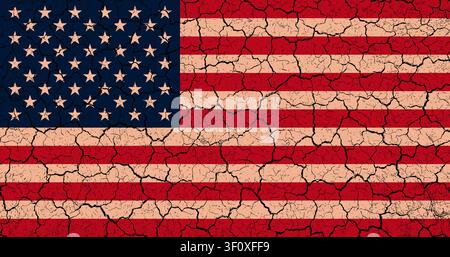 Vector illustration of the United States flag with a dry cracked earth texture overlay, symbolizing national division, political crisis, economic hardship, and drought. Concept design for editorial, news, and social themes. Stock Vector