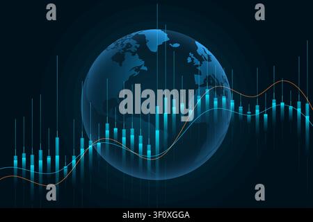 Abstract business background featuring a transparent globe, financial candlestick graph, and market trend lines representing worldwide investment, Stock Vector