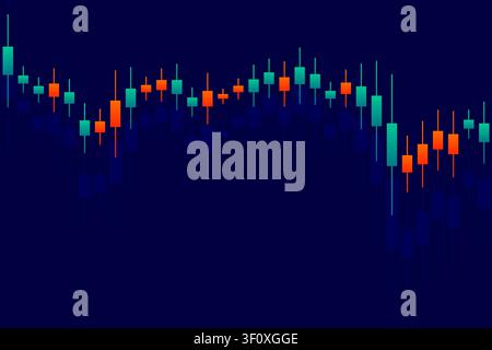 Modern financial trading background featuring colorful green and orange candlestick bars on a dark blue gradient backdrop. Perfect for stock market. Stock Vector