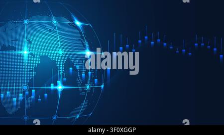 Modern fintech illustration featuring a digital world globe, glowing network connections, and stock market candlestick chart on a dark blue background Stock Vector