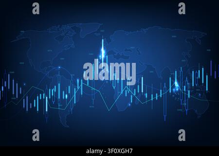 Futuristic global finance background featuring a world map, stock market candlestick graph, trading indicators, and digital data visualization. Stock Vector