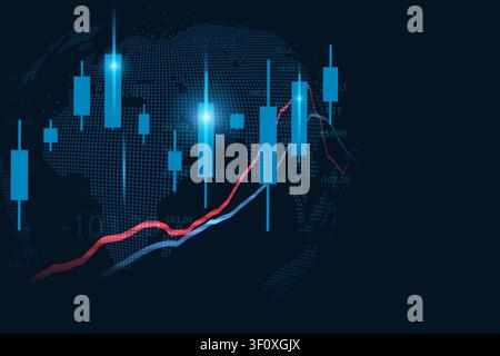 Modern finance background displaying a worldwide market chart with candlestick patterns, bullish trend lines, and digital world map visualization. Stock Vector