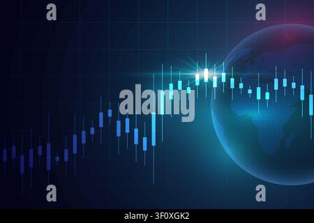 Glowing candlestick chart overlays a digital globe, illustrating global stock market activity, trading analytics, financial data visualization Stock Vector