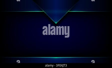 Dark blue abstract digital background with multi layered geometric design and glowing cyan neon light lines for high tech web banner template Stock Vector