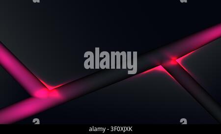 Dark abstract background with matte black overlapping geometric panels and glowing neon pink light lines for modern futuristic tech design Stock Vector