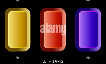 Minimalist vertical rounded card UI elements with vibrant gold red and purple neon glow effects on dark background for web and mobile application inte Stock Vector
