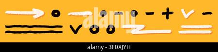 Black and white color crayon underlines. Arrow, lines, circles, plus and minus on yellow background. Stock Vector