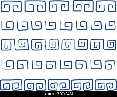 Ancient Greek doodle seamless border. Rome hand drawn meander ornament line set. Doodle decoration ancient pattern fret. Greek ethnic repeat stripe Stock Vector
