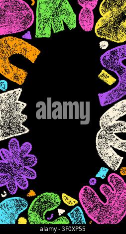 Abstract vertical frame with dark background and color crayon elements with grunge texture. Stock Vector