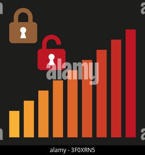 Cyber security concept set colorful vector graphic features bar chart. Abstract open padlock represents modern data protection. eps 10 Stock Vector