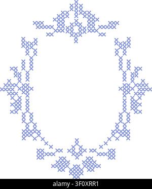 Ornate cross-stitch oval frame border isolated on white background. A geometric pixelated embroidery wreath pattern for monograms, sampler designs Stock Vector