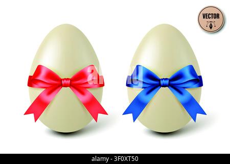 Vector 3d White Chocolate Easter Eggs with Red and Blue Satin Bows, Isolated. Sweet Holiday Gift Illustration. Festive Spring Dessert Decoration Stock Vector
