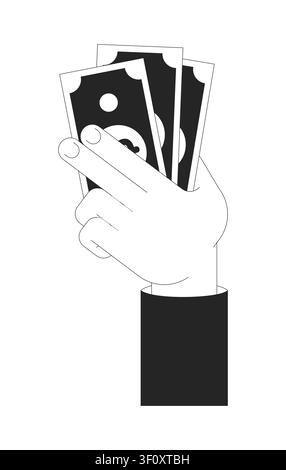 Hand holding cash money black and white cartoon clipart Stock Vector