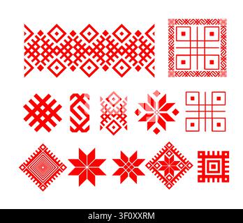 Vector red set of seamless national ornament. Ethnic pattern of Slavic peoples, Cross stitch template Stock Vector