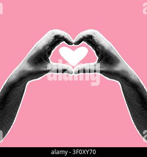 Halftone Hands Heart Shape Pink Background Illustration Stock Vector
