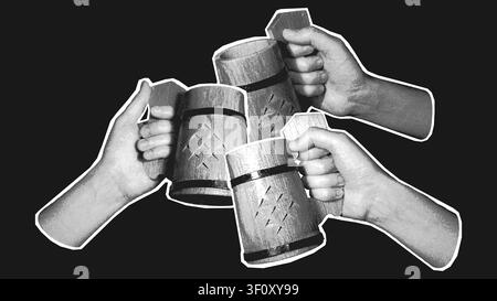 Halftone Three Hands Wooden Beer Mugs Toast Illustration Stock Vector