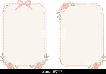 Minimal pastel floral card template featuring elegant frame and border with delicate roses, ribbon decoration, cozy style, blank vertical layout, soft Stock Vector