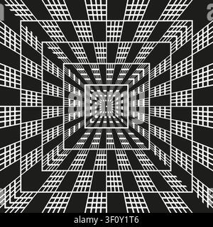 Square tunnel optical illusion feature black vector pattern. This deep checkered geometry complements hypnotic backdrops. eps 10 Stock Vector