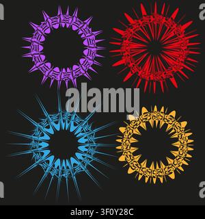 Sharp star burst feature colorful vector collection. This abstract geometric sun visualizes hypnotic art backgrounds. Stock Vector